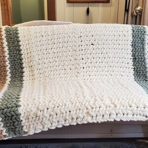 Handmade Chunky Knit Throw Blanket in White with Sage and Tan Stripes
